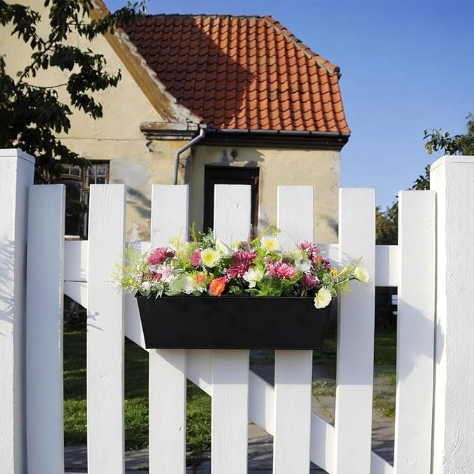 3 Pack Metal Railing Planters, 16 Inch Large Rectangular Hanging Flower Pots with Detachable Hooks & Drainage Holes, Fits Rails up to 2.5", Galvanized Iron Window Box for Balcony Garden - Black