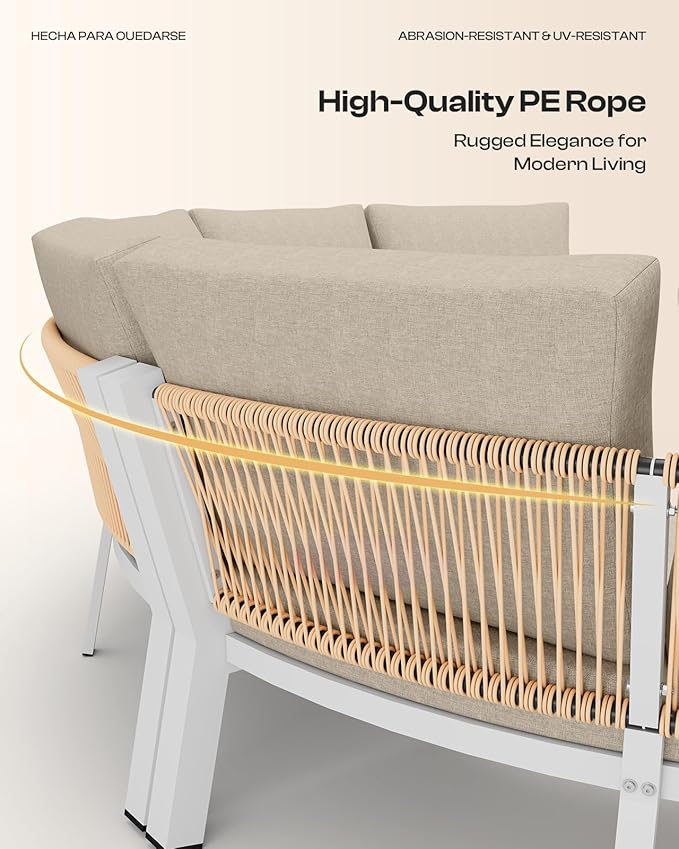 Outdoor Patio Furniture Set,4 Piece Aluminum Half-Moon Patio Conversation Sets, PE Rope Curved Sofa, All-Weather Outdoor Sectional Sofas with Modular Coffee Table & Cushions, White