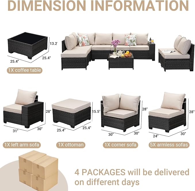 Jing's Villa 9-Piece Patio Furniture Set, All-Weather Outdoor Wicker Sectional Sofa with Cushions, Tempered Glass Table & Ottoman, Rattan Conversation Seating for Porch, Garden, Backyard,Beige