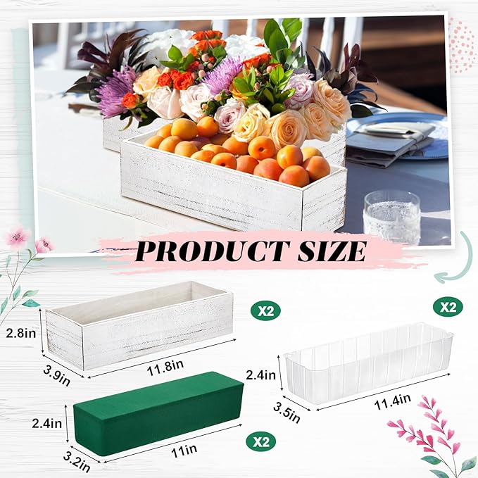 Dandat 2 Set Wood Boxes for Centerpieces 12x4 Inch Rectangle Wooden Planter Box Rustic Wooden Planters with Removable Plastic Liner Floral Foam Blocks for Christmas Wedding Home Garden Decor(White)