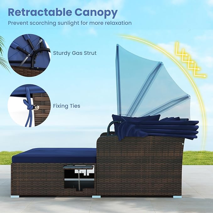 Tangkula Patio Rattan Daybed with Retractable Canopy, Outdoor Wicker Sunbed with 2 Foldable Side Tables, Thick Seat & Back Cushions, Outside Double Daybed for Garden, Backyard, Porch, Navy & Brown