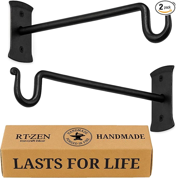 RTZEN Plant Hangers Indoor or Outdoor - Wrought Iron Metal Hanger Indoor Hook - Heavy Duty Wall Bracket Hooks for Hanging Plants Baskets Lanterns Wind Chimes - 2 Pack (Black Shepherds Hooks 10")