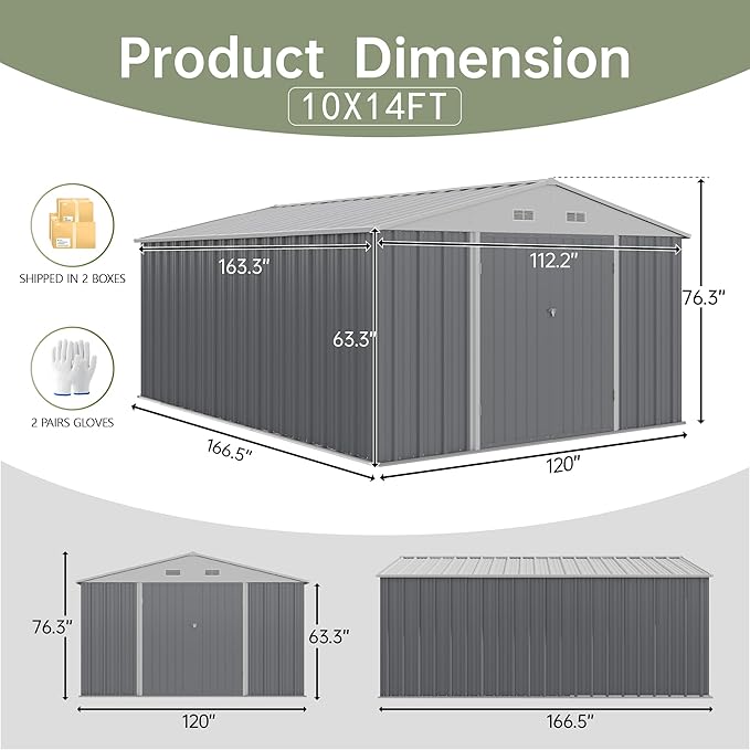 Devoko 10x14 FT Outdoor Storage Shed, Large Metal Storage Sheds with Lockable Door, Utility Garden Tool Shed with Sloping Roof, Outside Steel Storage Sheds for Patio Lawn Backyard, Gray