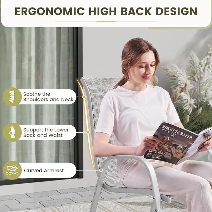 UDPATIO Patio Chairs Set of 2, Stackable Silver Outdoor Dining Chairs with High Back, Breathable Textilene Fabric Outdoor Chair All Weather, 350LBS Capacity for Garden, Backyard (Light Grey)