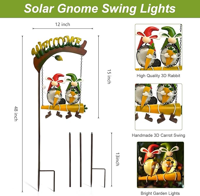 HONGLAND Outdoor Decor Solar Lights, Hanging Gnomes Swing Gardening Gifts for Women, Gnomes Outdoor Easter Decor with Welcome Sign for Porch Patio
