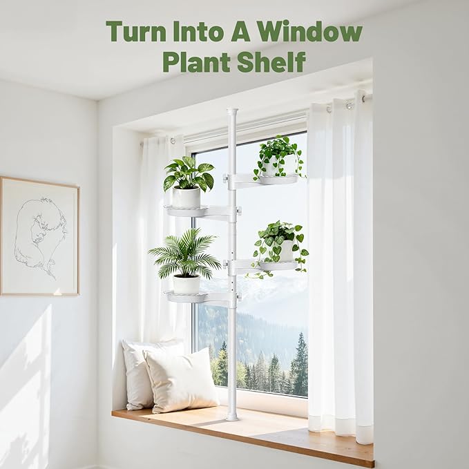 Tension Rod Plant Stand, Plant Poles for Hanging Plants Indoor, 6 Tier Tension Pole Plant Hanger, Floor to Ceiling Plant Pole with 6 Trays Hanging Plant Stand, White