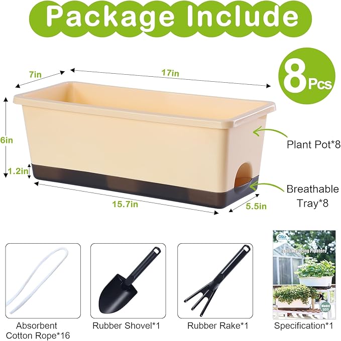 Window Box Planter 8 Pcs, 17 Inches Rectangle Flower Pots with Drainage Holes & Trays, Vegetable Planters for Windowsill Patio Garden Balcony Home Indoor Outdoor (Barley Yellow, 16 * 7 * 6 inch)