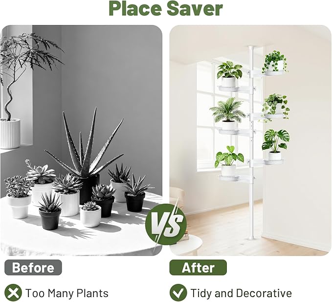 Tension Rod Plant Stand, Plant Poles for Hanging Plants Indoor, 6 Tier Tension Pole Plant Hanger, Floor to Ceiling Plant Pole with 6 Trays Hanging Plant Stand, White