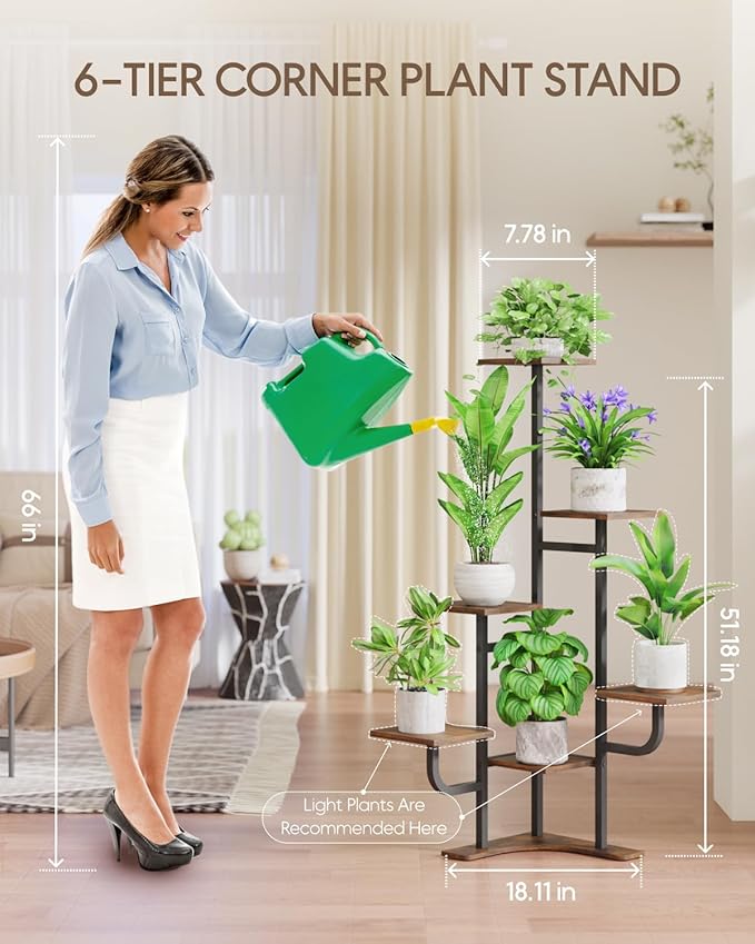 Corner Plant Stand Indoor - 6 Tiered Indoor Plant Stand Square Metal Plant Shelf, Plant Organizer for Living Room, Graden, Balcony, Home Decor (Brown)