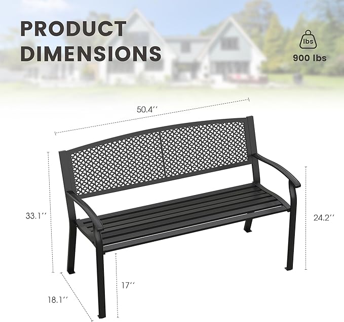 50.4" Garden Bench, Metal Outdoor Bench with Backrest and Curved Armrests for Patio Porch Lawn, Black