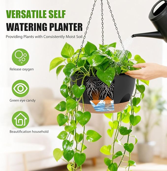 8 Inch Hanging Planters for Indoor Outdoor Plants, 4 Pack Black Brown Plastic Self Watering Hanging Baskets with Drainage Holes and Chain for Garden Porch
