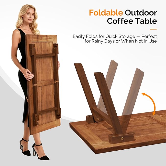 VINGLI Outdoor Folding Coffee Table, Natural Poplar Wood Patio Coffee Table, No Assembly Required, Ideal for Balcony, Porch, and Living Room, Rectangle, Natural