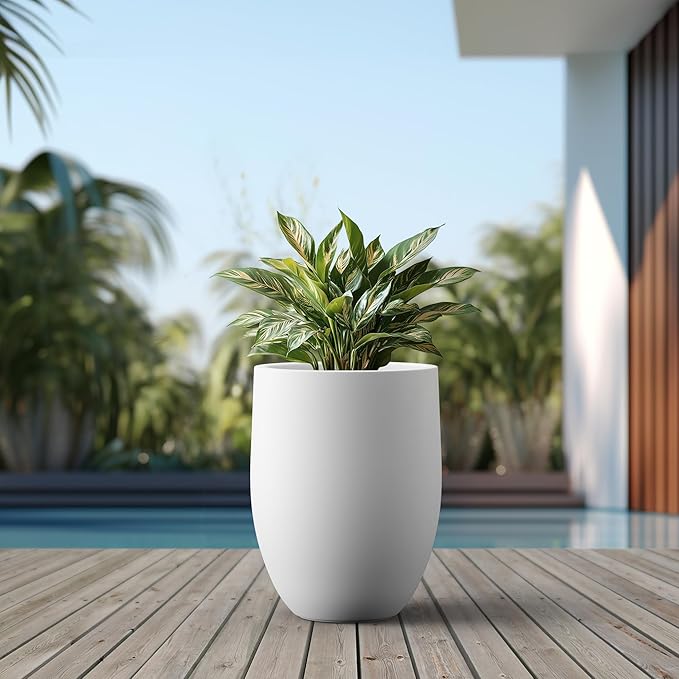 Kante 21.7 Inch Tall Concrete Planter, Large Indoor Outdoor Plant Pot with Drainage, Smooth White Finish with Painted Interior, Ideal for Porch, Home, Garden, Patio