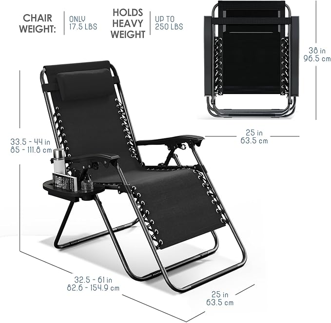 Nestl Zero Gravity Chairs Set of 2, Patio Lounge Chair Outdoor with Pillows & Cup Holder Trays, Adjustable Steel Mesh Reclining Camping Chair, Folding Patio Lawn Chair for Deck, Beach, Yard - Black