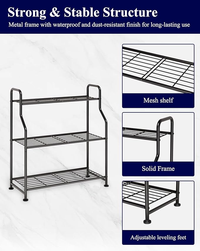Kitsure Plant Stand Indoor & Outdoor - 3-Tier Metal Plant Shelf with Adjustable Leveling Feet, Easy to Assemble Planter Stand for Patio, Balcony, or Garden (Black, 27" x 11.4" x 29.3")