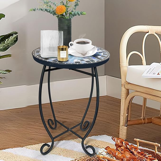 LIFFY Outdoor Side Table,12" Round Ceramic Tile Tabletop Accent Table with Metal Frame, Indoor Small Decorative Plant Stand & End Table for Home, Patio, Garden