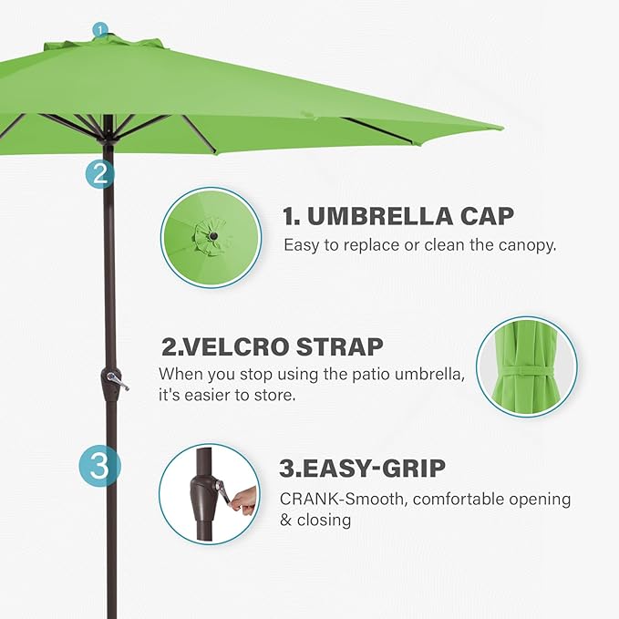MEWAY 12ft Patio Umbrella Outdoor Table Umbrellas with Crank, Market Umbrella 8 Sturdy Ribs for Deck, Garden, Pool and Backyard, Grass Green