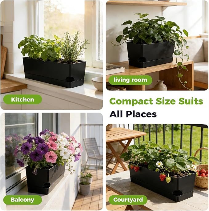 Self Watering Pots for Indoor Plants 17 Inches Window Boxes Planters Rectangular Flower Pots Rectangle Herb Pots Large Plant Pots with Drainage Holes and Saucers Windowsill Planter (2, Black)