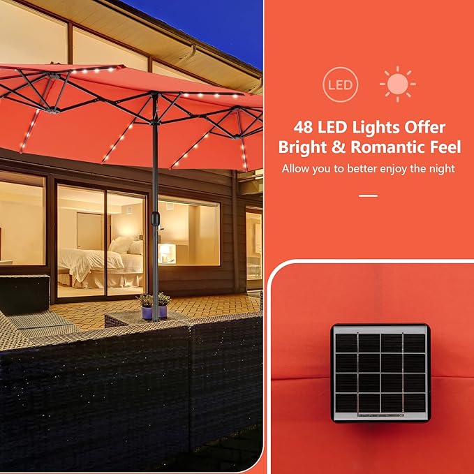 Tangkula 11 Pieces Rattan Outdoor Dining Set with 15Ft Solar Patio Umbrella for 8, Outdoor Wicker Table Set with 8 Cushioned Chairs, Acacia Wood Top, Outdoor Umbrella with Base Included