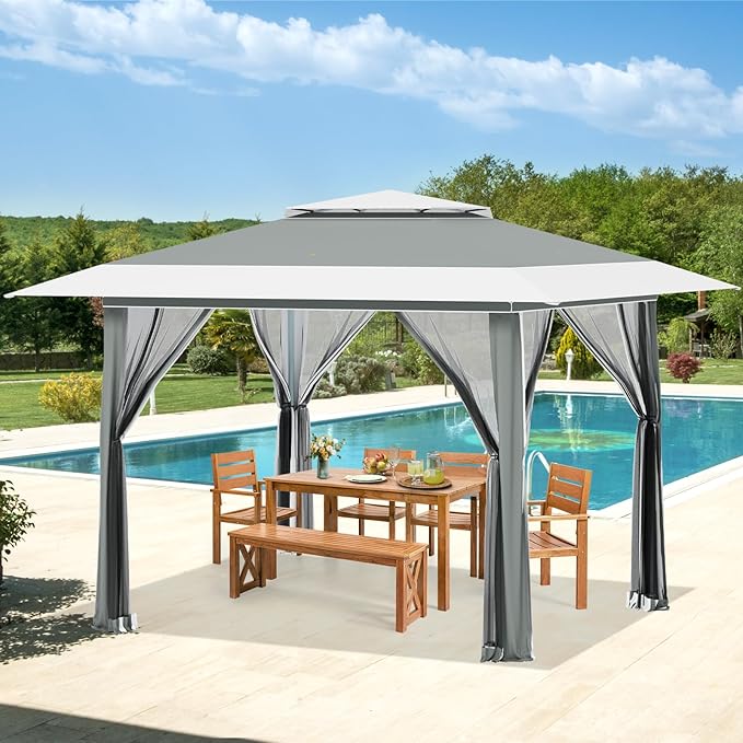 ECOTOUGE 13x13 FT Pop Up Canopy Tent with Mosquito Nettings, Patio Party Instant Shelte Gazebo w/Carrying Roller Bag Waterproof and UV Resistant for Outdoor Garden, Grill and Backyard, Grey-White