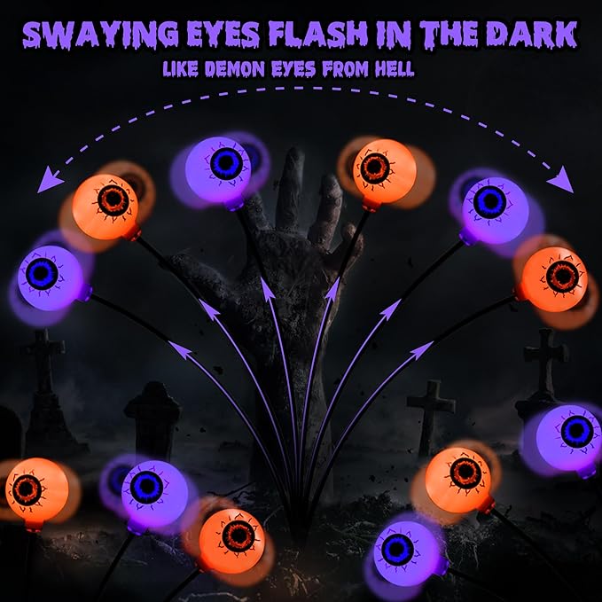 BrizLabs 6 Pack 36 LED Halloween Solar Eyeball Lights, 2 Modes Outdoor Halloween Pathway Lights, Solar Spooky Path Light Waterproof, Swaying Firefly Lighting for Yard Garden Lawn, Orange & Purple