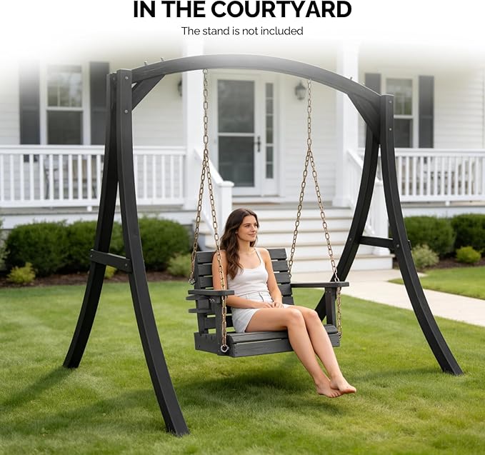 VINGLI Heavy Duty 880 LBS HDPE Porch Swing Outdoor with Rotatable Cup Holder, with Adjustable Chains, 1 Person Hanging Porch Swing Chair for Porch, Yard, Tree, Garden - Grey