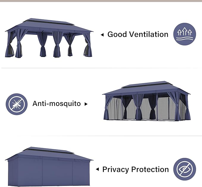 LAUSAINT HOME Semi-Permanent Outdoor Patio Gazebo 10'x20', Heavy Duty Party Tent Shelter with Double Roofs, Mosquito Nettings and Privacy Screens for Backyard, Garden, Lawn, Navy Blue
