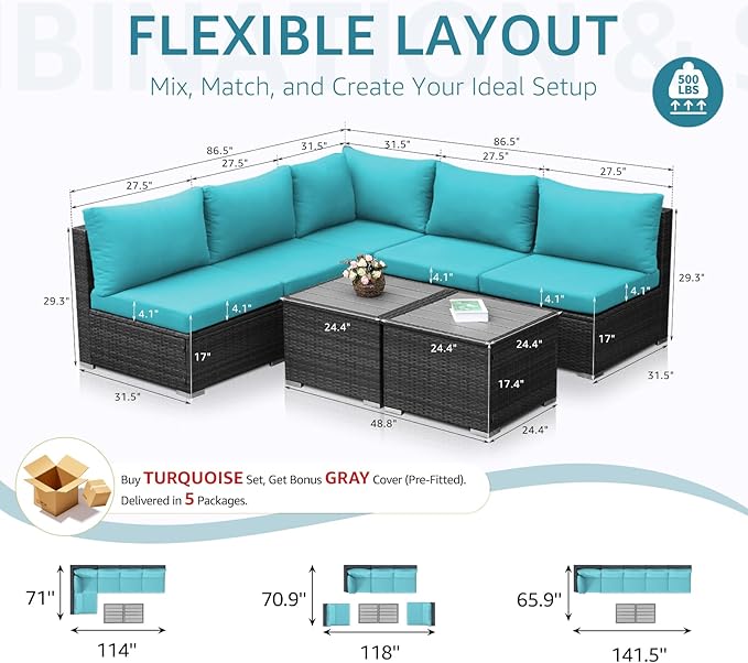 NICESOUL 7 Piece XL Large Modern Outdoor Furniture Sofa Set, 29.3'' High Back Wicker Patio Modular Sectional with Tables, All-Weather Deep Conversations for Backyard, 2 Color Cushion Turquoise & Gray
