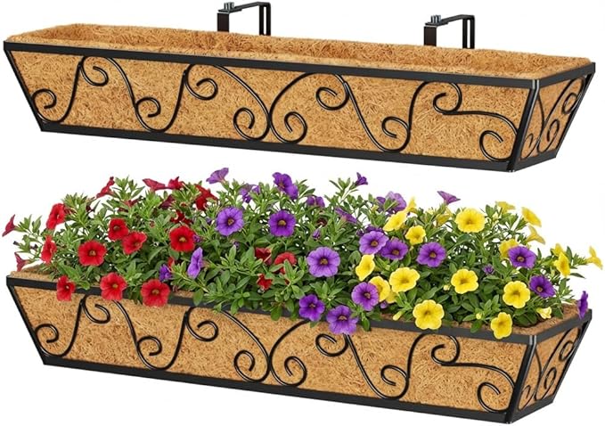 Y&M 30 Inch Butterfly Window Deck with Coco Liner, Fence Metal Hanging Flower Planter Window Basket Deck Railing Planter Boxes for Outdoor Garden Lawn 2pcs