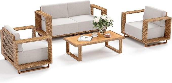 5 Pieces Patio Furniture Set,Outdoor Rattan Wicker Conversation Set with 10''Ultra-Thick Cushions,All Weather Patio Conversation Set for Lawn Garden Backyard,Beige