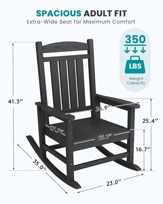 SERWALL HDPE Outdoor Rocking Chair Set of 2, Patio Rocking Chairs, All-Weather Porch Rockers for Adults, Black