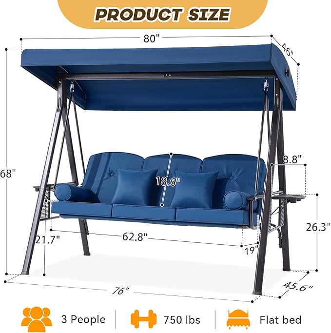 3 in 1 Outdoor Porch Swing with Adjustable Canopy, 3 Seat Outdoor Swing for Adults, Patio Swing Chair with Thickened Cushions,Pillows & Cup Holders for Backyard, Porch, Garden (Blue)