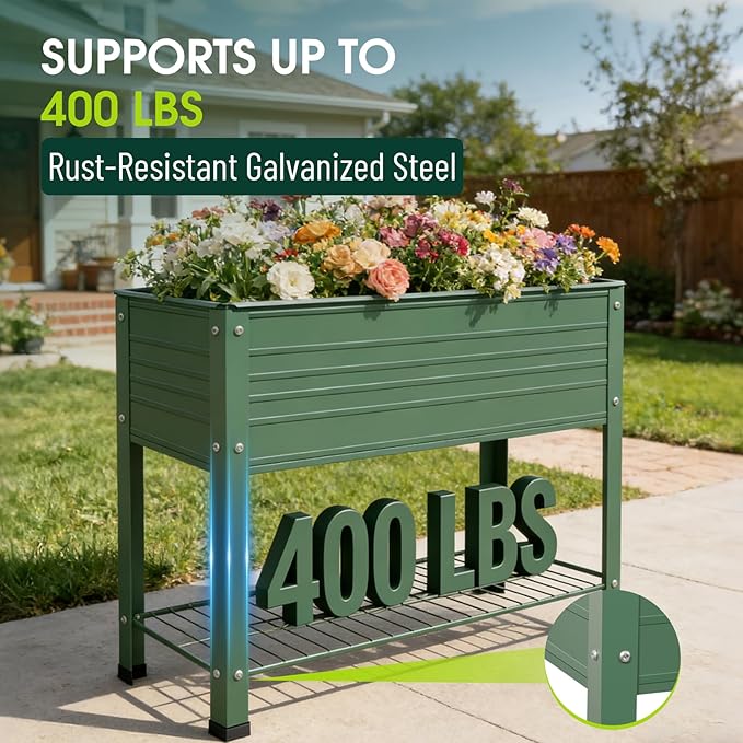 2-Pack Raised Garden Beds - Galvanized Steel Planter Boxes, 400 lb Capacity, 5 Drainage Holes & 2 Flow Channels, Elevated Garden Bed with Mesh Bottom for Outdoor Gardening