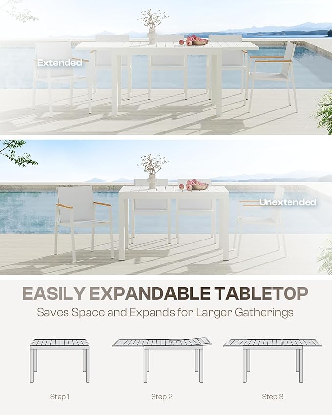 Outdoor Aluminum Patio Dining Table Set for 6-8 Person, Expandable Outdoor Table and 8 Chairs with Textilene Fabric & HDPS Armrest, All-Weather Patio Furniture Set for Yard, Garden, White