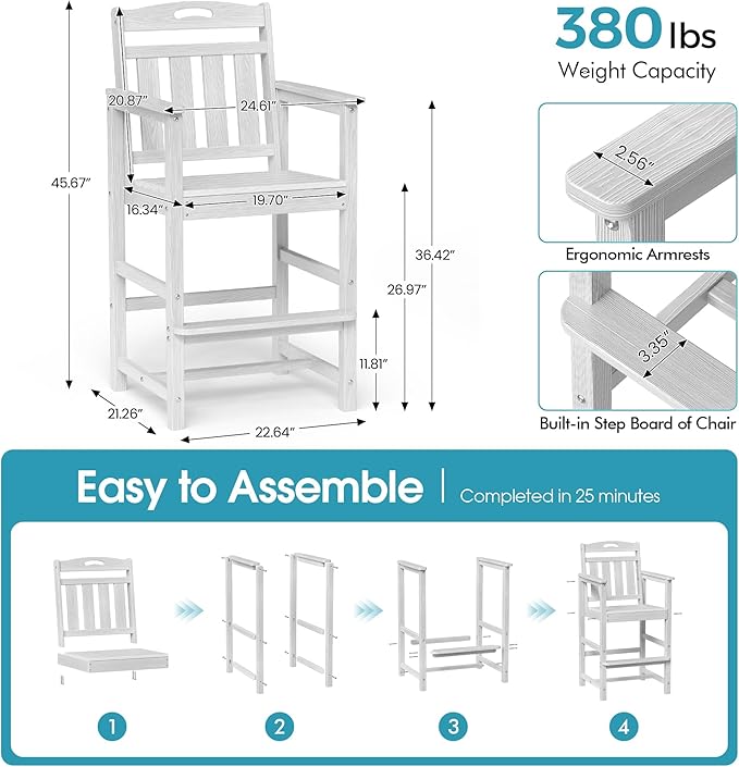 Ciokea Heavy Duty Bar Height Chair, 380lbs Outdoor Adirondack Tall Bar Chair Patio Stool with Arms & High Back, Heavy Duty All-Weather for Balcony, Poolside, Deck and Garden, White