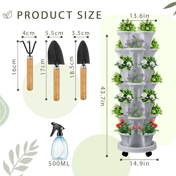 Umigy 2 Set Light Gray 7 Tier Stackable Vertical Planters with Removable Wheels and Tools Tower Planters Strawberry Herb Flower Vegetable Pots Indoor Outdoor Gardening Pots