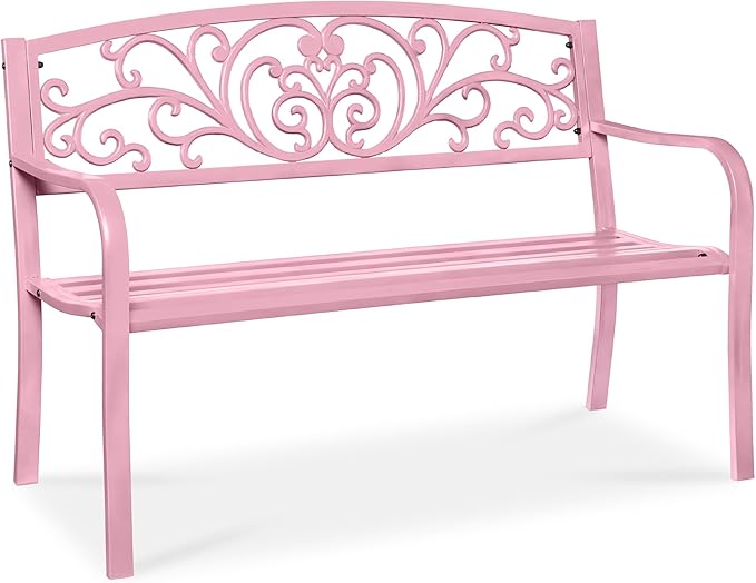 Best Choice Products Outdoor Bench Steel Garden Patio Porch Furniture for Lawn, Park, Deck w/Floral Design Backrest, Slatted Seat - Pink