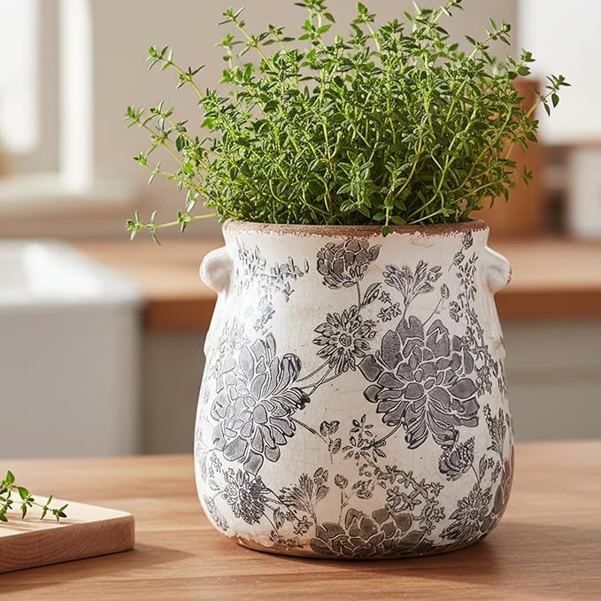 6.68in. Tuscan Planter & Room and Home Decor, Decorative Vase, Indoor/Outdoor Ceramic Plant Pot w/Drainage, French Country Decor Boho Decor, Gifts for Women Birthday Unique, Vintage Grey