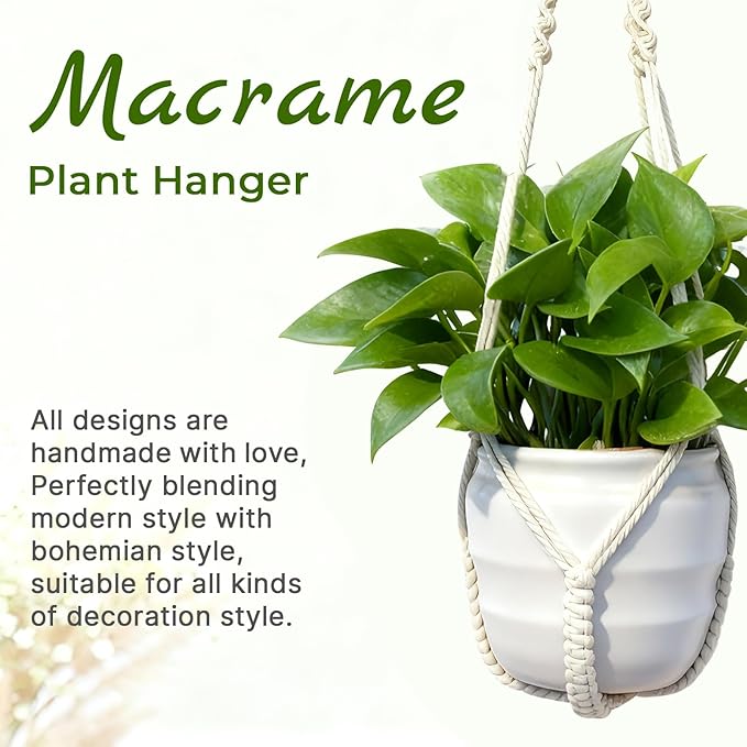 Macrame Plant Hanger, Up to 4-15 inch Pots, Wood Beads Cotton Hanging Planter Holder for Indoor Outdoor Boho Home Decor, 35 Inch, Set of 2 (Ivory)
