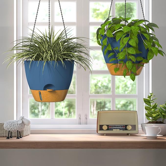 ZMTECH 12 Inch Hanging Planters for Indoor Plants & Outdoor, Self-Watering Hanging Pots with Drainage Holes, Visual Reservoir, Plastic Hanging Baskets for Outdoor Garden Home Decor, Blue