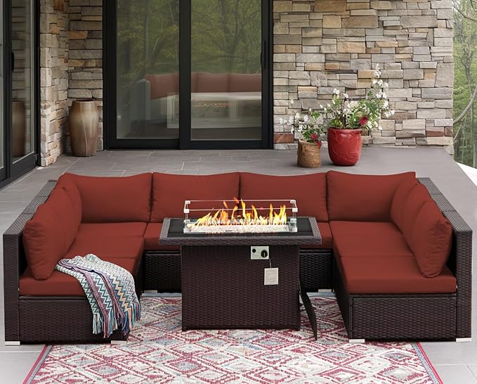 NICESOUL 9 Pcs Large Patio Furniture Set with Fire Pit Propane/Natural Gas, 29.3'' High Back Wicker Outdoor Sectional for 8 People, Modular Deep Sofa Conversation Sets, Brown Rattan and Red Cushion