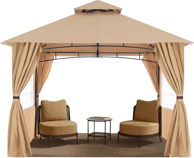 MASTERCANOPY Patio Gazebo Steel Frame Outdoor Gazebo with Windows Curtains (9x9, Beige)