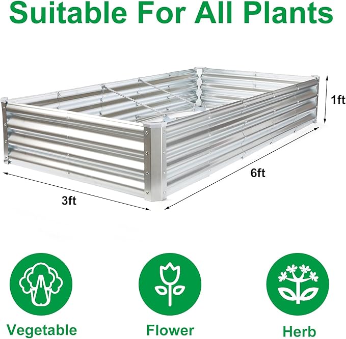 JERIA 6×3×1ft Raised Garden Bed with Support Rods,Galvanized Raised Garden Bed Kit Outdoor Metal Gardening Planter Box for Vegetable, Fruits, Flower