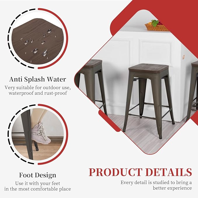 FDW Metal Bar Stools Set of 4 Counter Height Bar Stools 24 Inches Industrial Bar Chairs Patio Stool Stackable Backless Stool Indoor Outdoor Metal Kitchen Stools Bar Chairs (Bronze with Wood, 24")