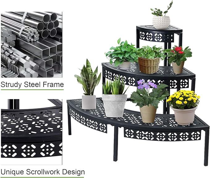 aboxoo 3 Tier Plant Stand Flower Pot Rack, Metal Stair-Step Style Corner Shelf Planters, Quarter Round Display Holder for Indoor Outdoor Use(Black, Semicircle)