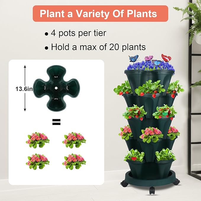 GameXcel Vertical Planter, 5 Tier Stackable Strawberry Planter with Garden Tool Set, Movable Indoor/Outdoor Garden Herb Pot for Growing Vegetables and Succulents, Green
