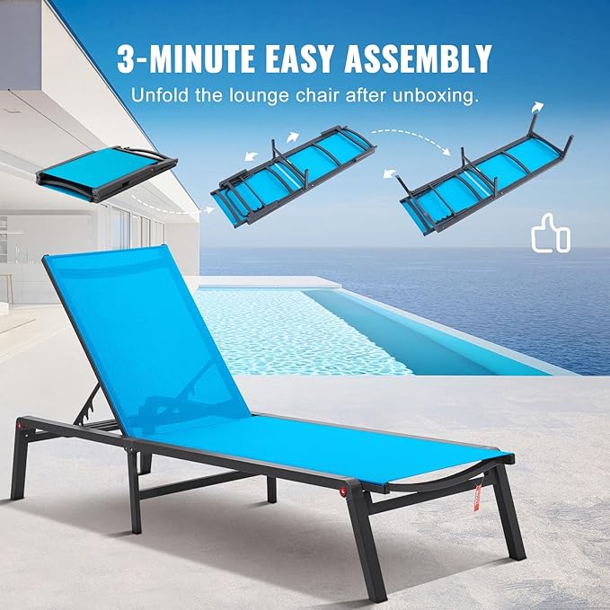 VEVOR Chaise Lounge Chairs Outdoor, Aluminum Patio Lounge Chairs with Adjustable 5-Position, Folding Pool Chair Recliner and Full Flat Tanning Chair for Patio, Beach, Pool, Blue