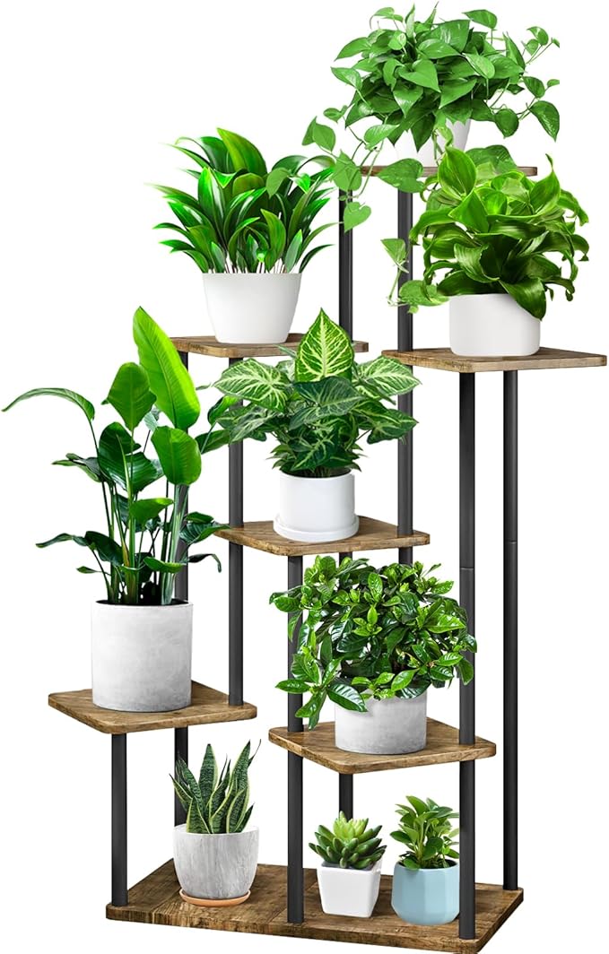 7 Tier Plant Stand Indoor, Thickened Metal Wood Corner Plant Shelf Stands for Multiple Plants, Indoor Tall Plants Stand Tiered Flower Holder for Living Room Patio Garden Balcony(Black+Brown)