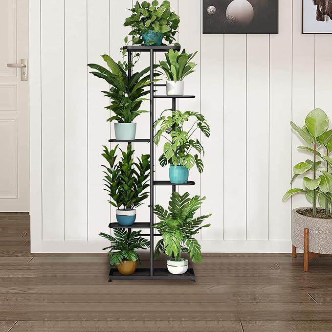 LINZINAR Plant Stand Indoor Outdoor Metal 6 Tier 7 Potted Multiple Flower Pot Holder Shelf Planter Display Shelving Unit for Patio Garden Corner Balcony Living Room (6 Tier 7 Potted, Dark Grey)