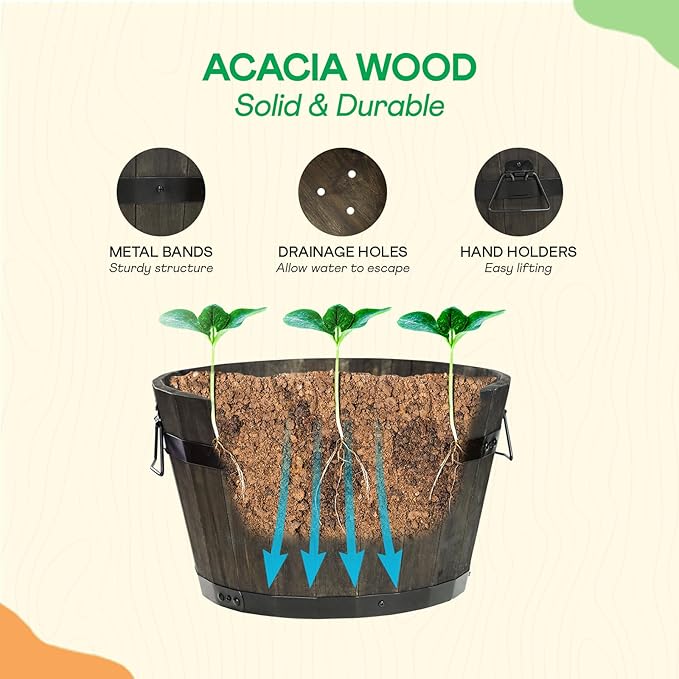 Idzo Set of 3 Wooden Flower Planters for Outdoor Plants, Acacia Wood Barrel Planters, Ergonomic Handles, Drainage Holes, Various Sizes, Black